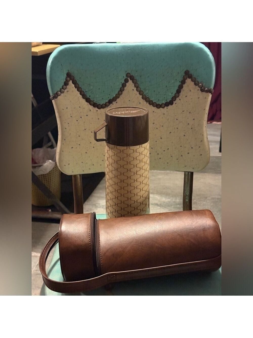 Vintage Aladdin Thermos w/ Leather Case Brown Glass Lined USA Made